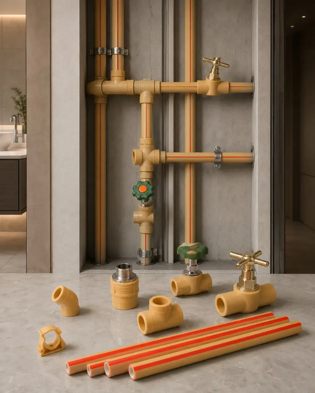 Hitze PP-R water supply piping installed in a bathroom