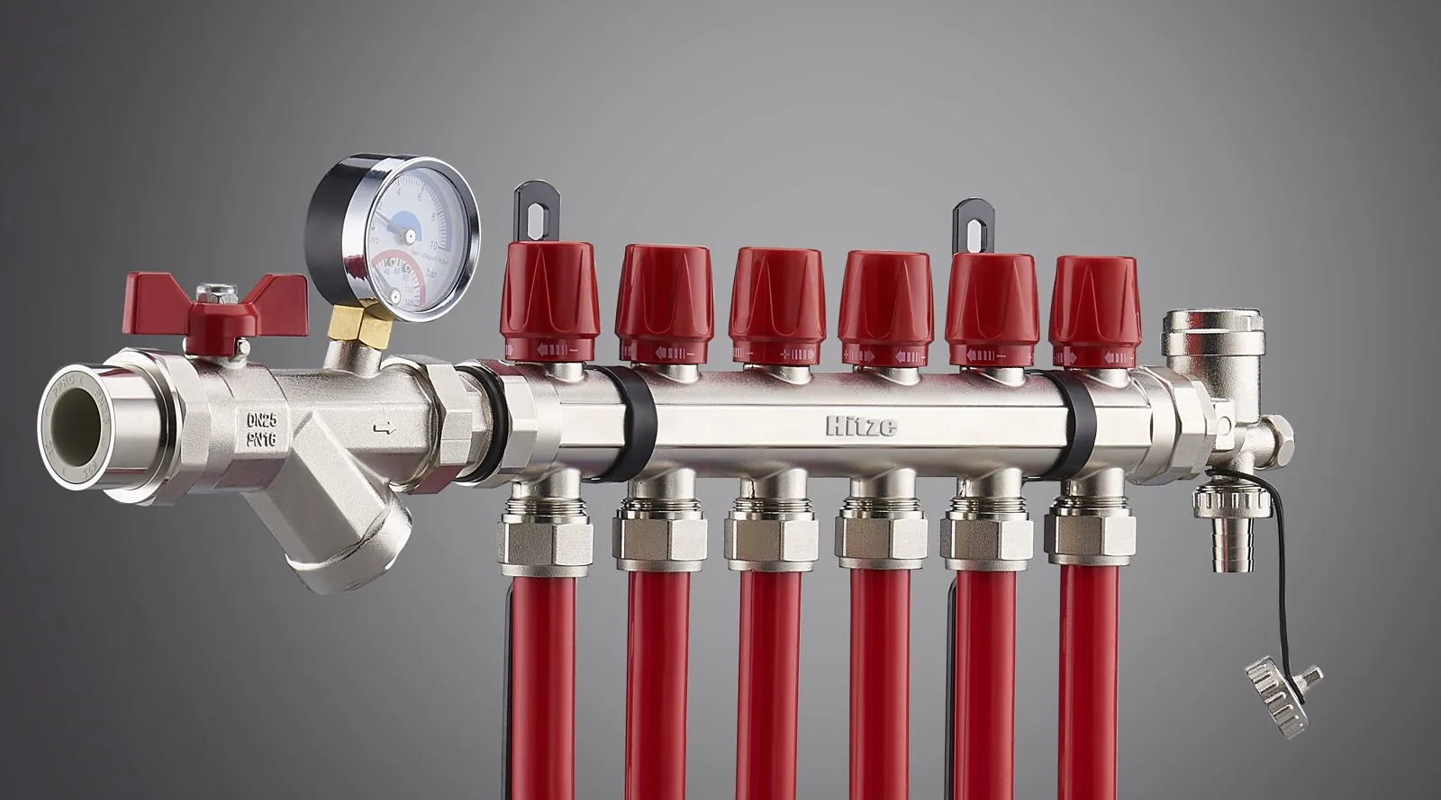Hitze DN25 PN16 manifold return bar with 0-10 bar pressure gauge, isolation valve, red flow-adjustment caps and air vent