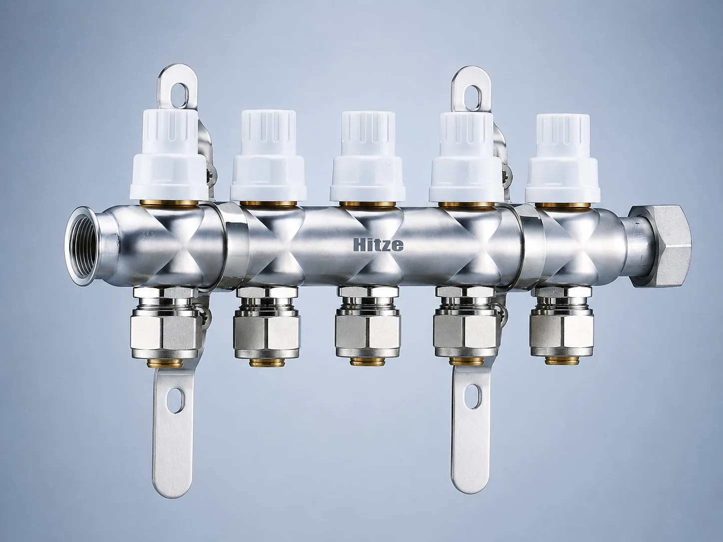 Five-port stainless underfloor heating manifold bar with mounting brackets and Eurocone compression nuts fitted