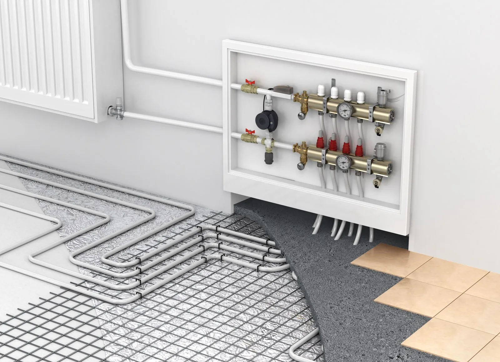 Wall-mounted manifold circuit in a plant room feeding radiant floor loops