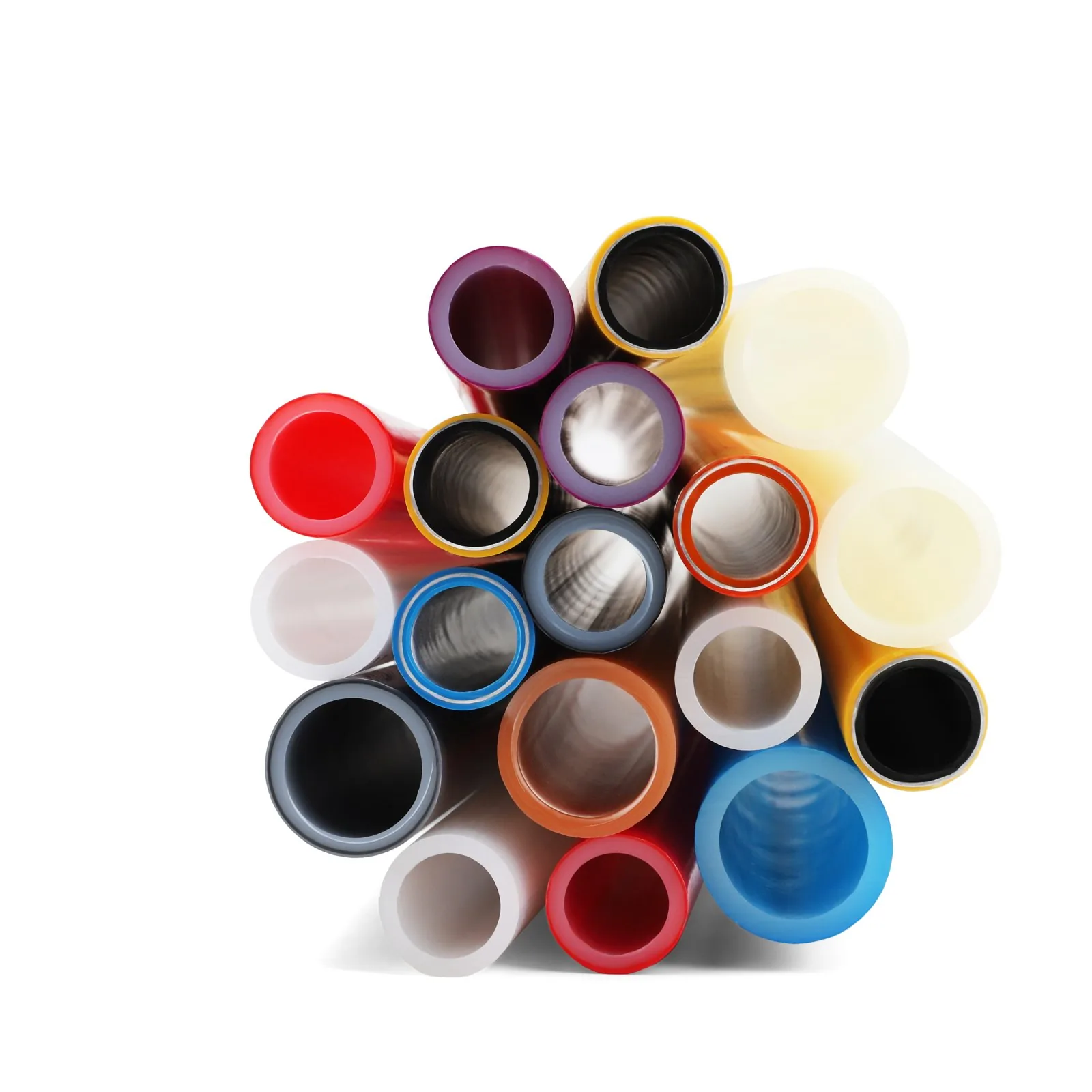 Top-down view of many heating pipe ends showing the multilayer walls and the oxygen-barrier layer