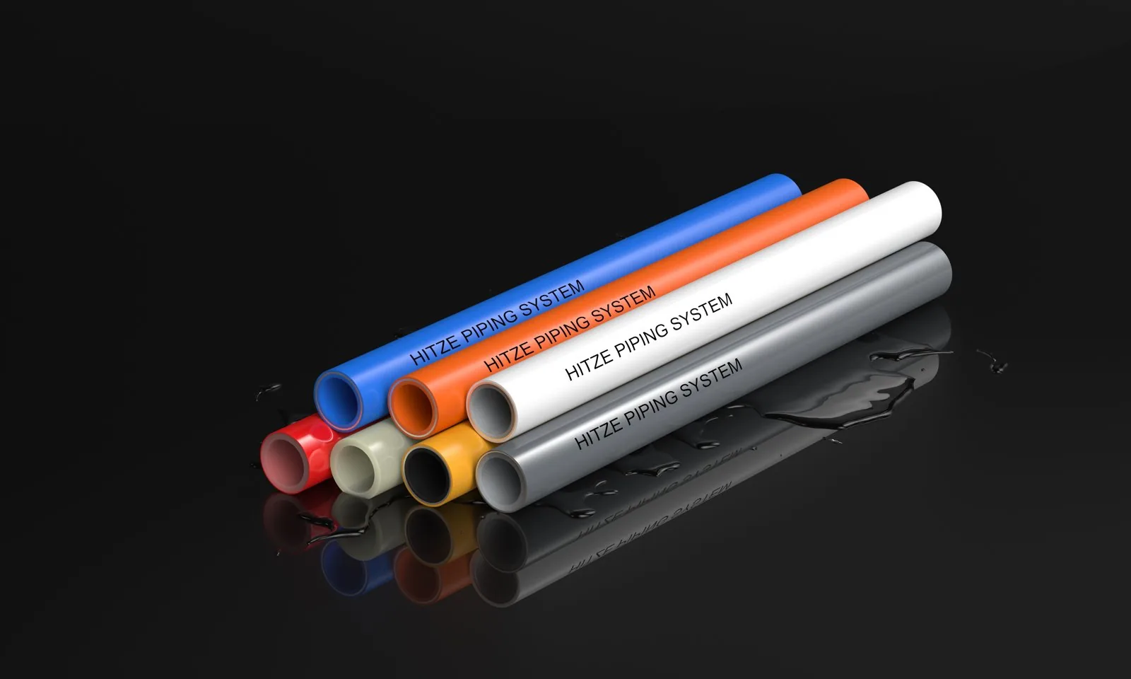 PE-RT and PEX heating pipes in blue, orange, white and grey printed with size and standard markings, cut ends showing the multilayer wall