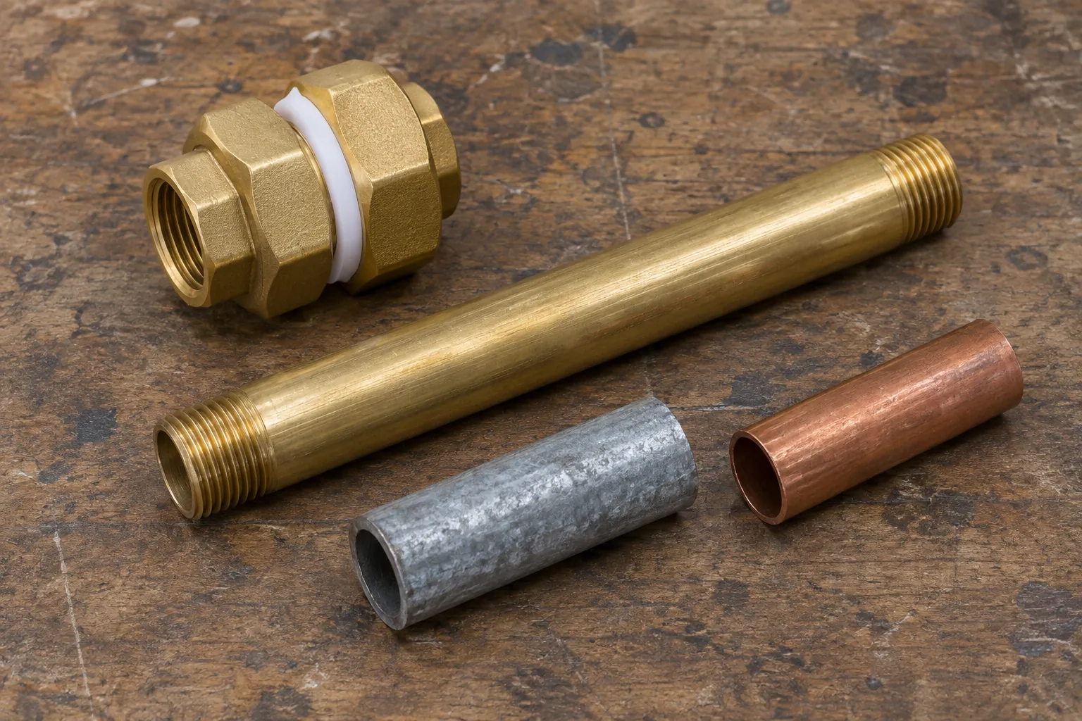 Brass dielectric union with a white insulating ring beside a long brass pipe nipple, a galvanized steel pipe offcut and a copper pipe offcut on a workbench