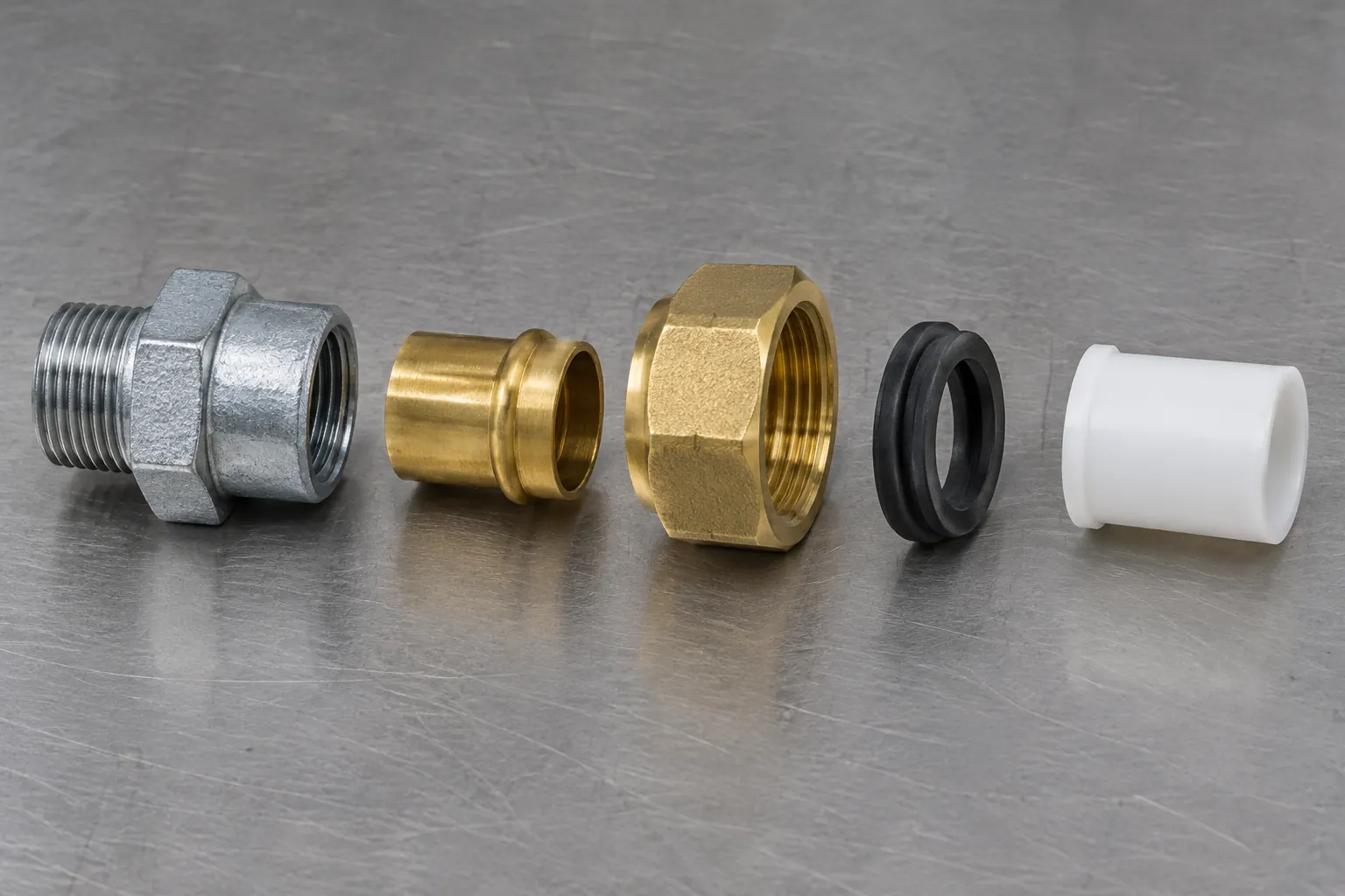 Disassembled dielectric union on a steel bench: galvanized steel threaded end, brass solder end, brass union nut, black rubber gasket and white plastic insulating sleeve