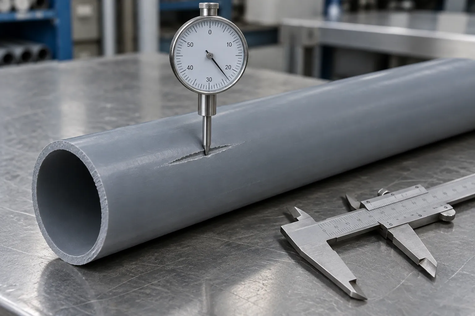 Dial depth gauge with its probe set into a longitudinal gouge on the outer wall of a grey plastic pressure pipe, with a vernier caliper on the receiving bench beside it