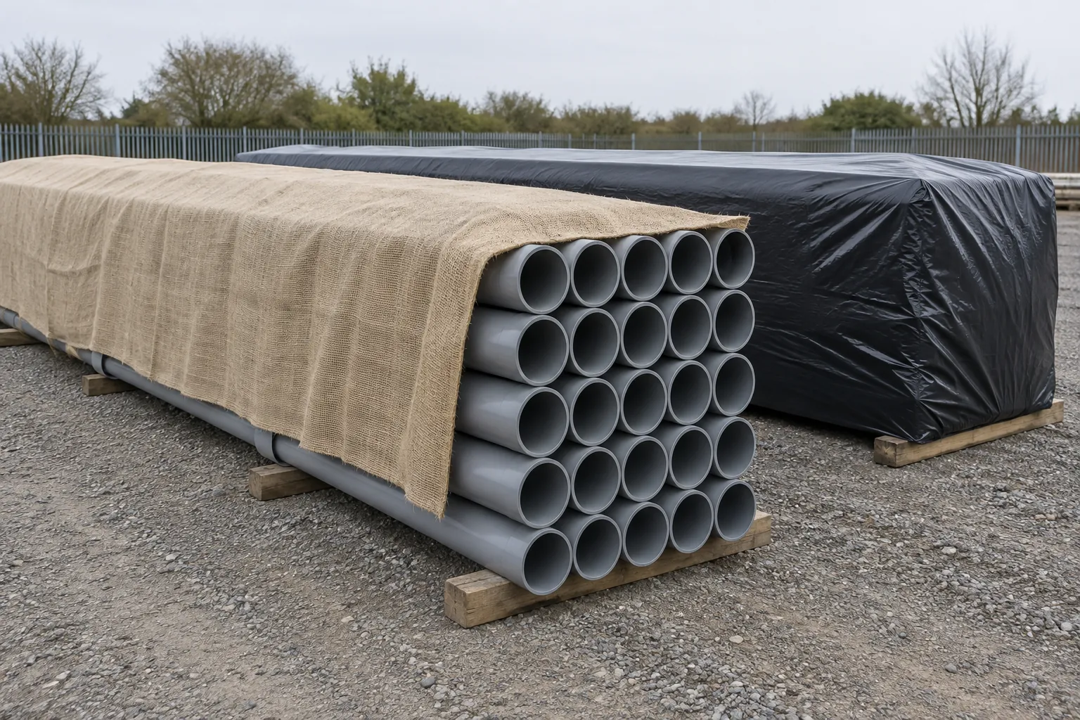 Two outdoor pipe stacks on timber bearers: the near stack under a pale hessian cover that stops short of the open pipe ends, the far stack fully sealed under a black polythene sheet