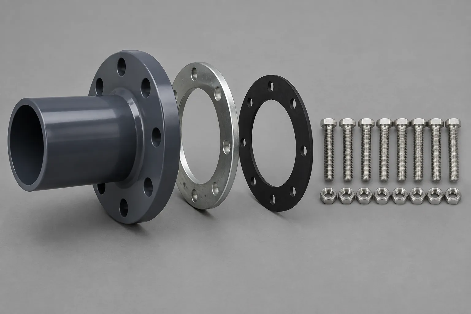 Exploded plastic flange assembly showing a stub end, a loose metal backing ring, a flat rubber gasket and eight bolts with nuts