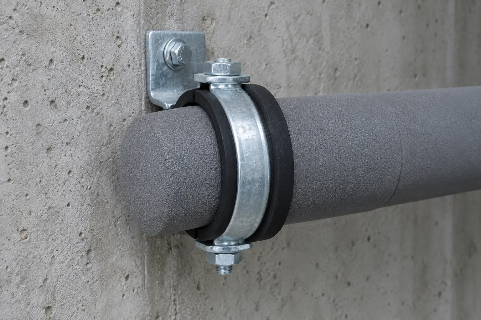 Steel pipe clamp with a black elastomer insert gripping a foam-insulated PP-R heating pipe bolted to a concrete wall