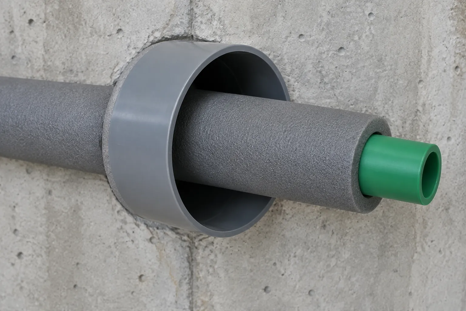 Foam insulation on a green PP-R pipe running unbroken through an oversized sleeve in a concrete wall