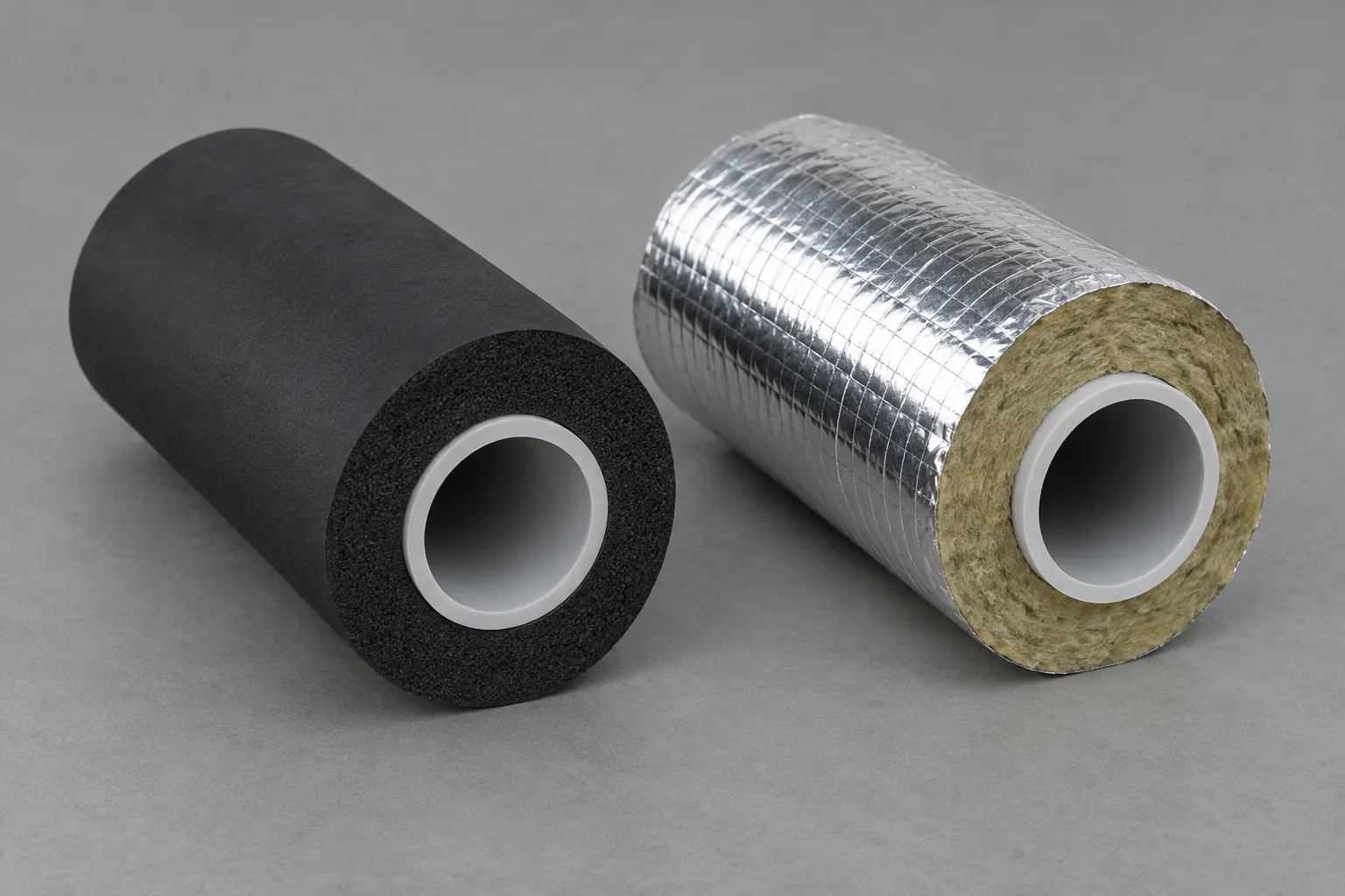 Two short plastic pipe samples on a workbench, one sleeved in black closed-cell elastomeric foam and one in a foil-faced mineral wool section, cut ends showing the insulation thickness (illustration)