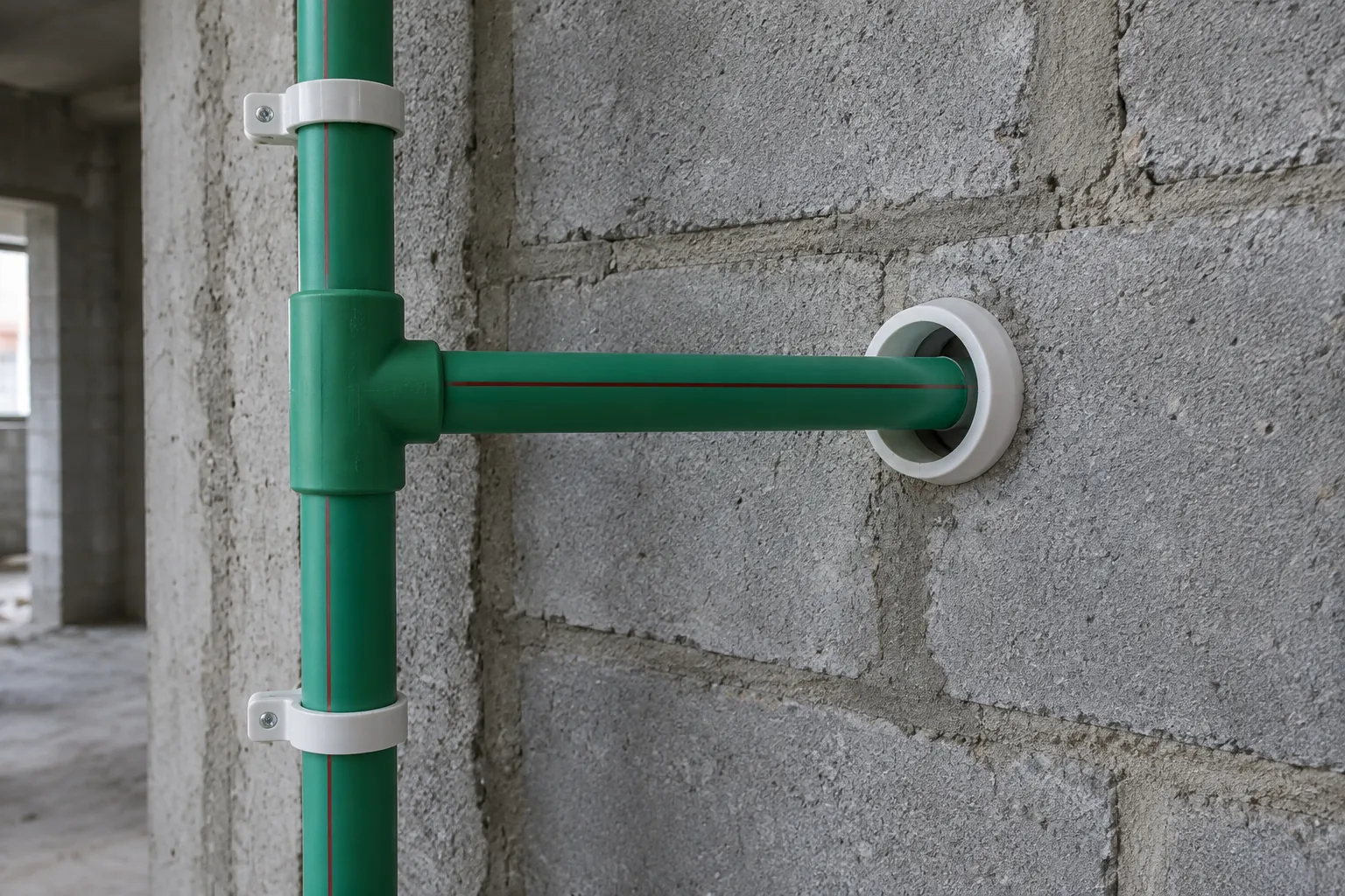 Green PP-R riser held by pipe clips, with a tee and a short horizontal branch running into a white sleeve in a concrete block wall