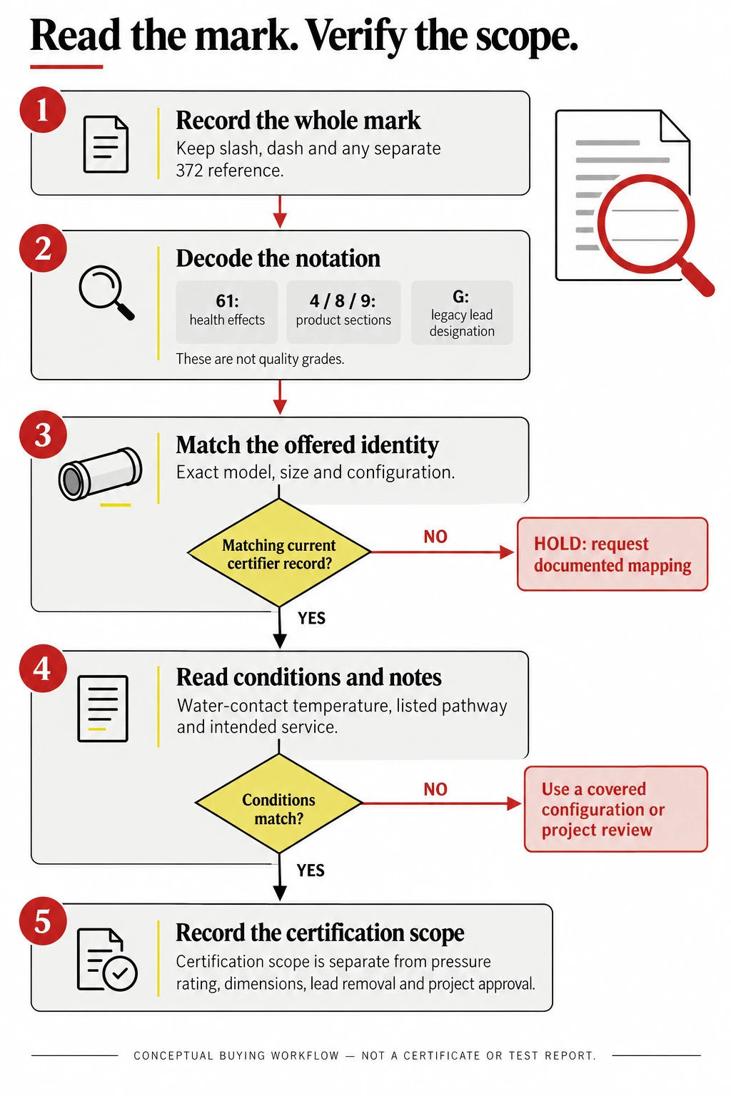 Five documentation checks: complete mark, listing, scope, restrictions and exact offered model